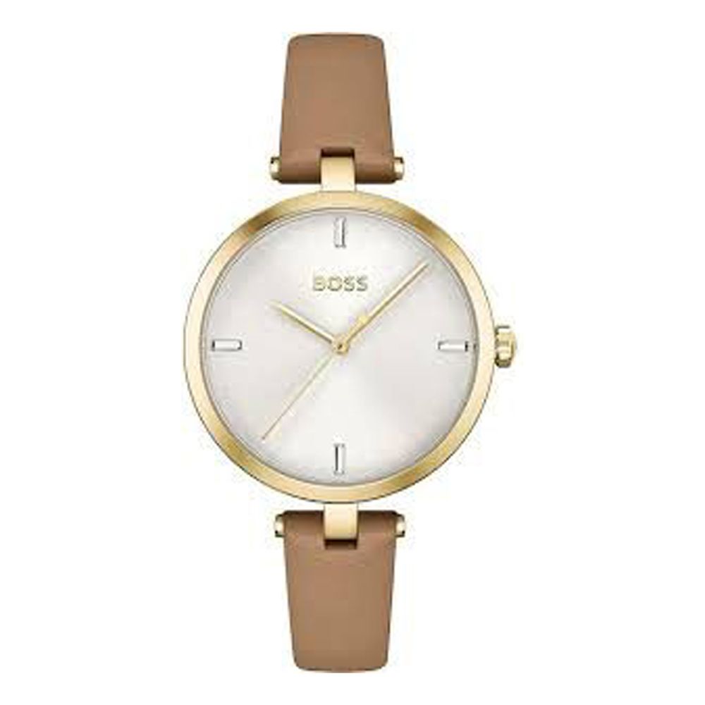 Montre Femme Hugo Boss – Boîtier Doré, Bracelet Cuir Beige, Cadran Argenté 32mm | HBPS Fashion