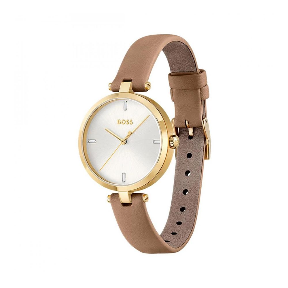 Montre Femme Hugo Boss – Boîtier Doré, Bracelet Cuir Beige, Cadran Argenté 32mm | HBPS Fashion