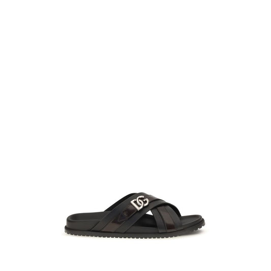 Sandales Slide Dolce & Gabbana – Cuir de Veau Noir, Logo DG Palladium Vintage, Collection AW26 | HBPS Fashion