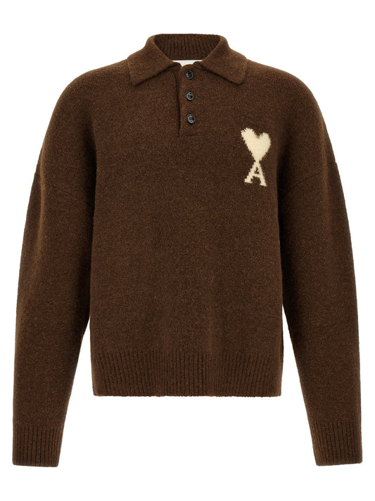 Ami Paris Brown Alpaca Leather Polo Shirt