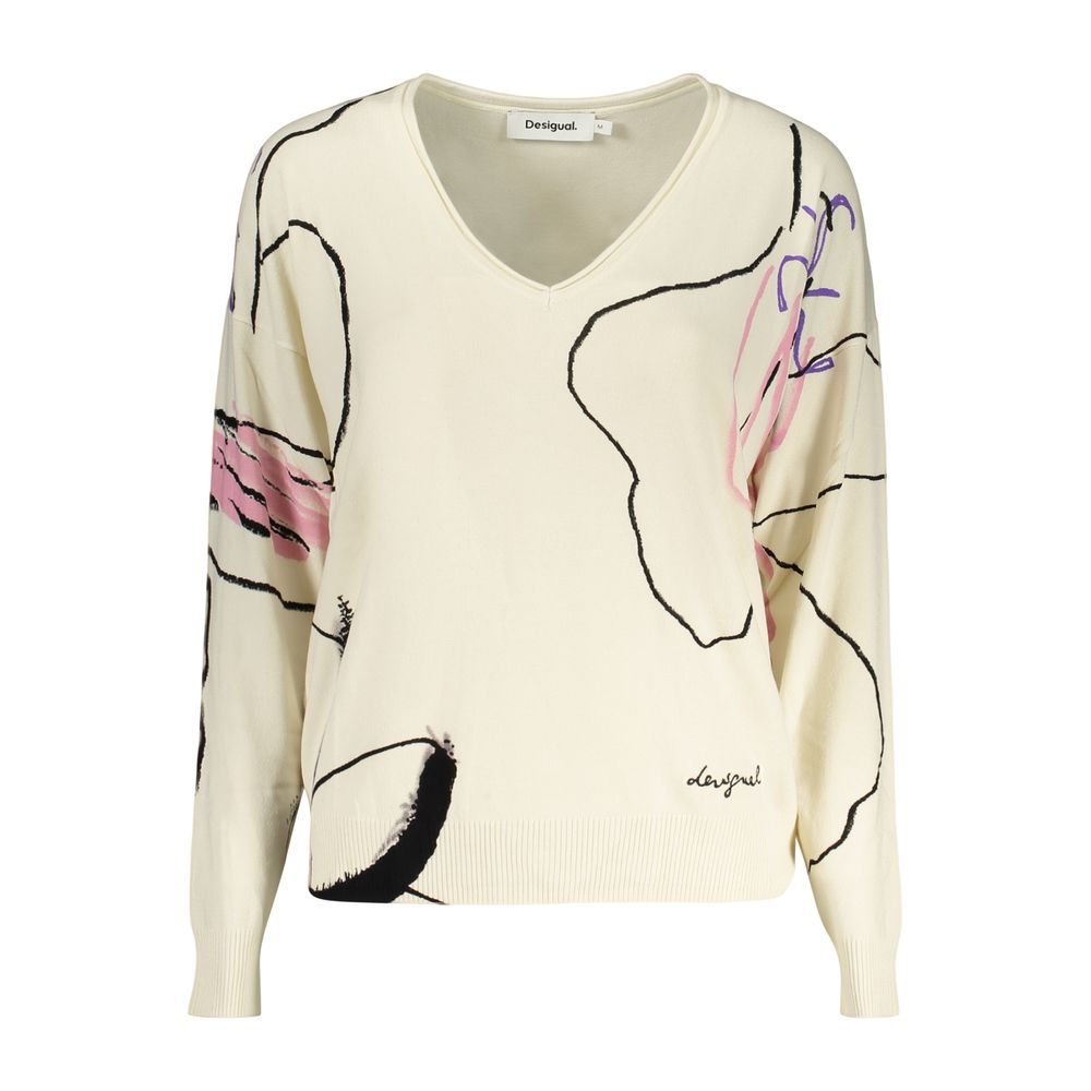 Pull Desigual femme col V en viscose blanc – DE-48300
