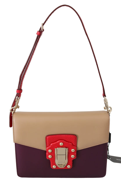 Dolce Gabbana Lucia Sac Cuir Bandoulière Violet Beige Rouge Détails Or Métal Épaule Luxueux