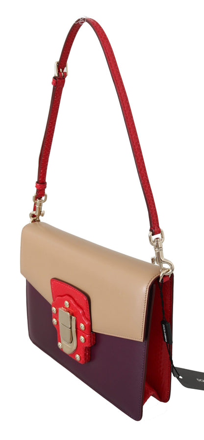 Dolce Gabbana Lucia Sac Cuir Bandoulière Violet Beige Rouge Détails Or Métal Épaule Luxueux