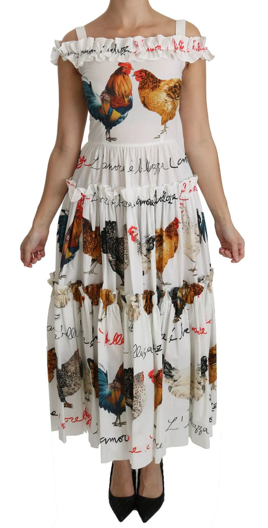 Dolce & Gabbana White Rooster Sheath Midi Cotton Dress by Dolce & Gabbana
