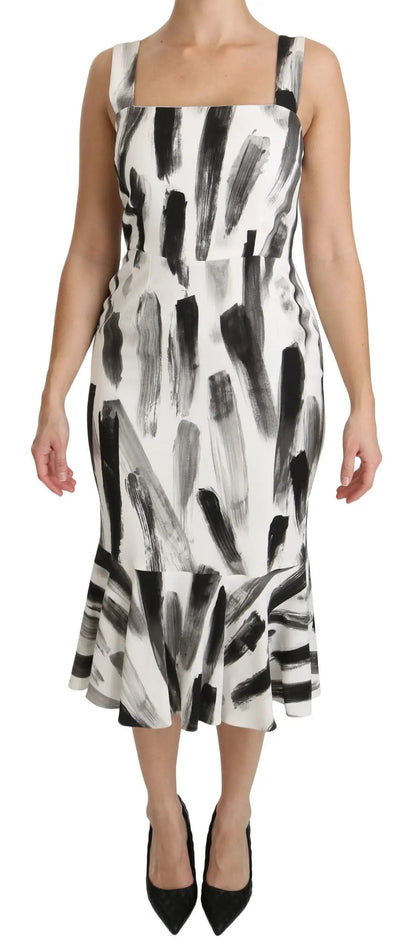 Dolce & Gabbana White Black Printed Sheath Midi Viscose Dress by Dolce & Gabbana