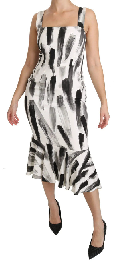 Dolce & Gabbana White Black Printed Sheath Midi Viscose Dress by Dolce & Gabbana