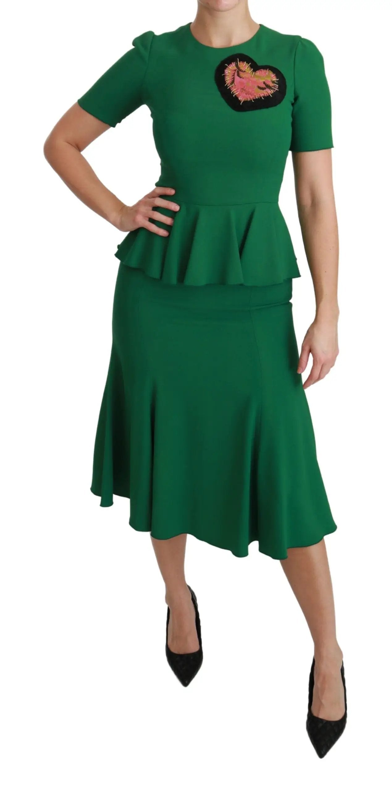Dolce & Gabbana Green Heart Patch Mermaid Midi Viscose Dress by Dolce & Gabbana
