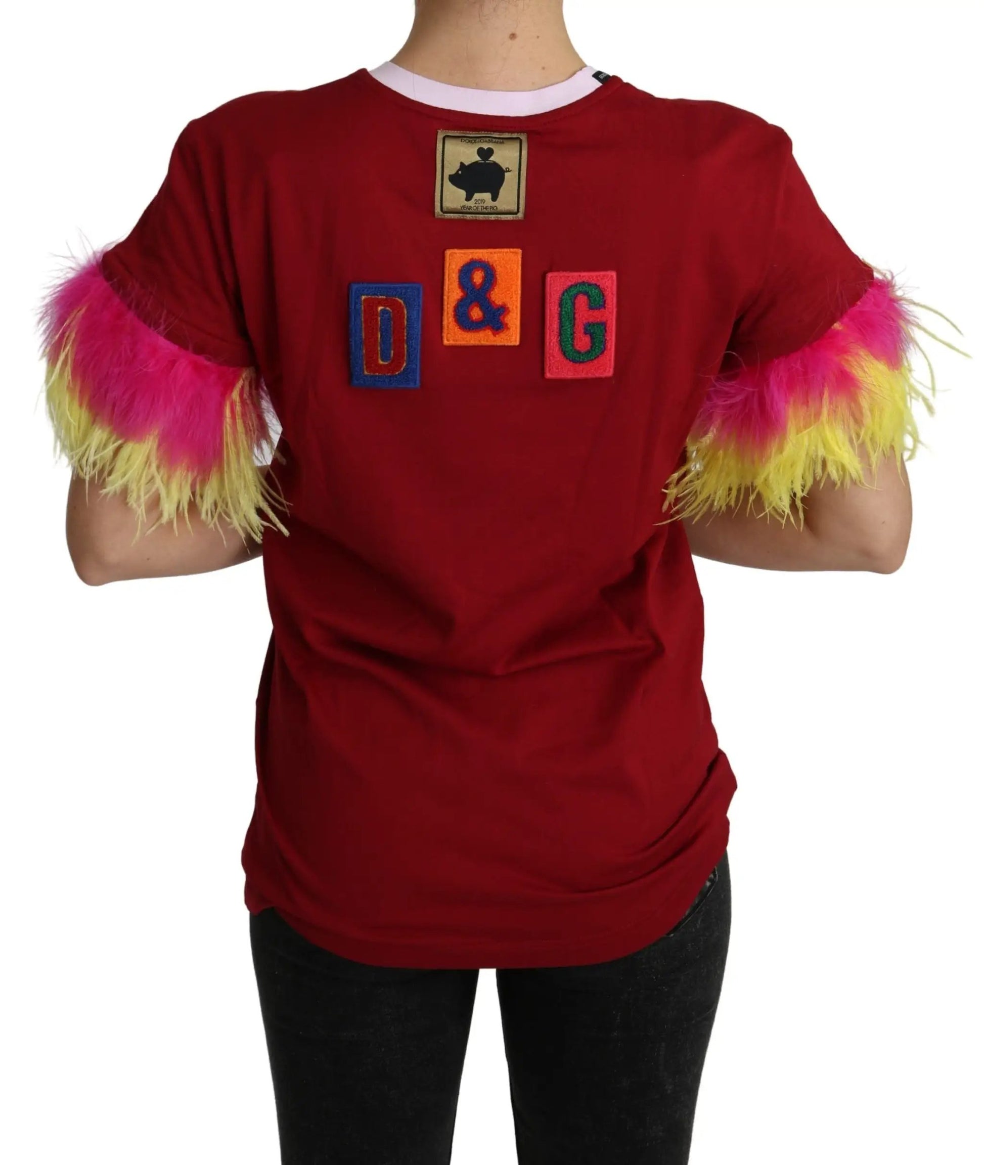 Dolce & Gabbana Red Pig Print Feather Sleeves T-shirt Top by Dolce & Gabbana