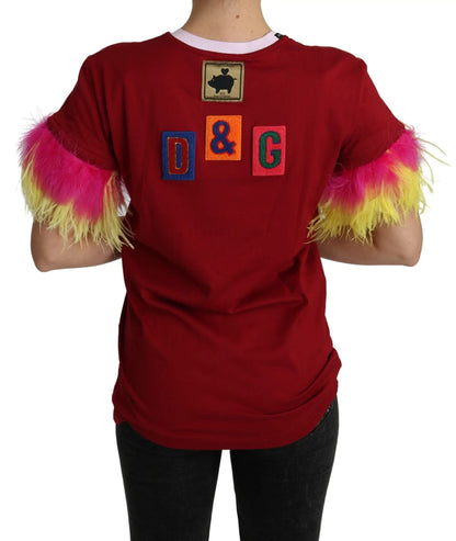 Dolce & Gabbana Red Pig Print Feather Sleeves T-shirt Top by Dolce & Gabbana