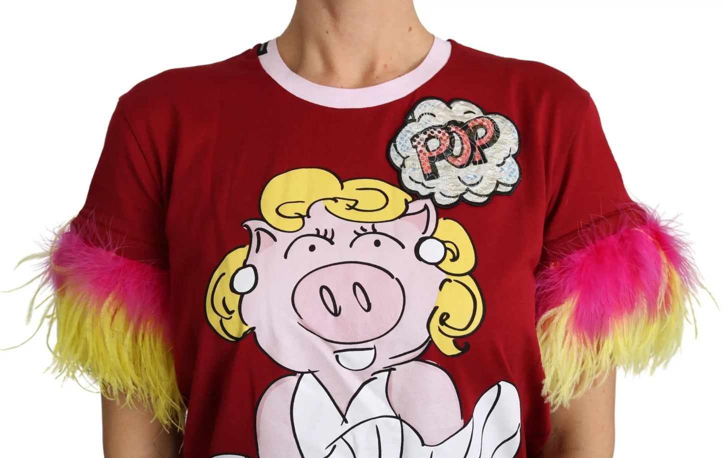 Dolce & Gabbana Red Pig Print Feather Sleeves T-shirt Top by Dolce & Gabbana