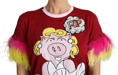 Dolce & Gabbana Red Pig Print Feather Sleeves T-shirt Top by Dolce & Gabbana