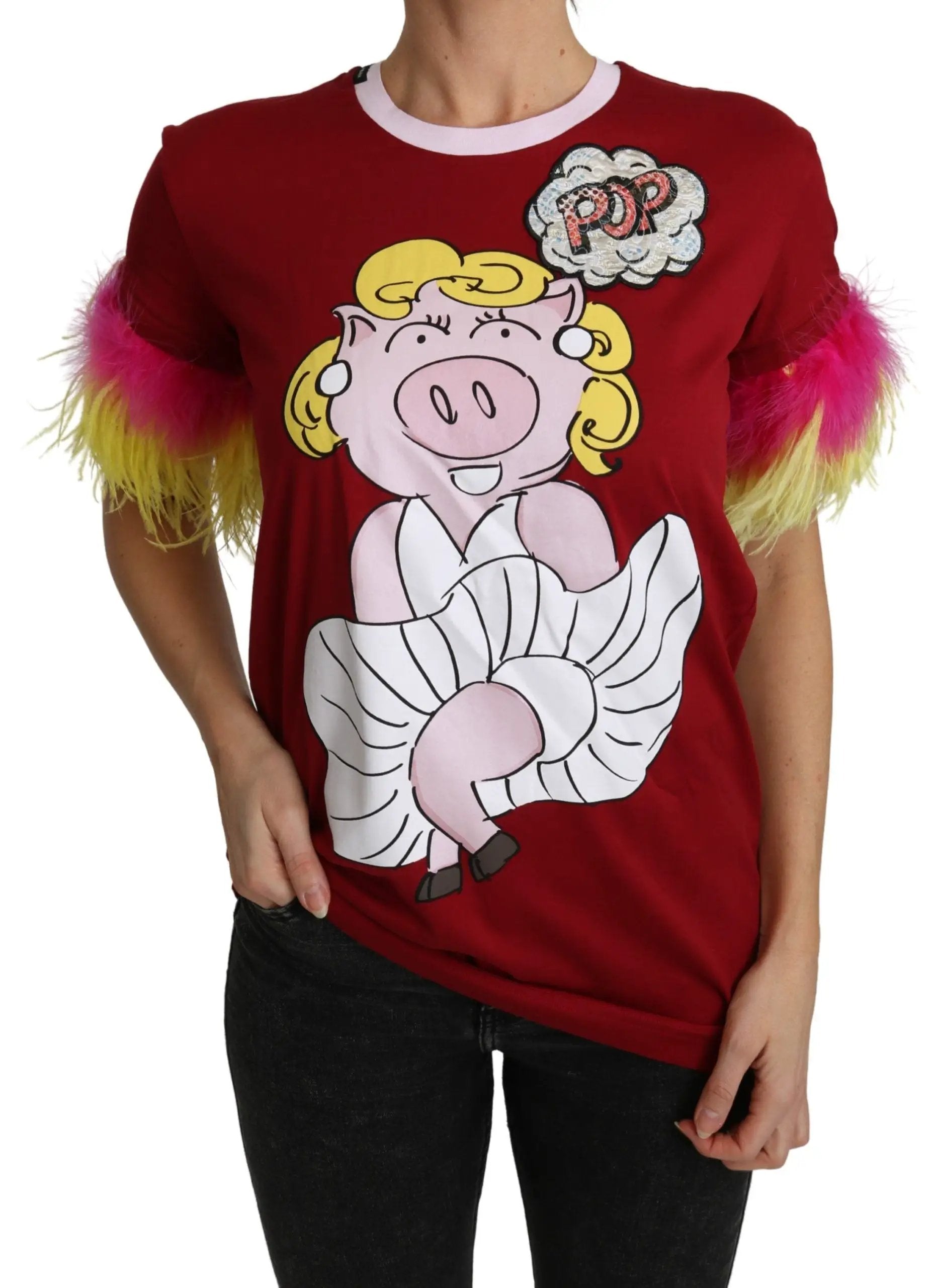 Dolce & Gabbana Red Pig Print Feather Sleeves T-shirt Top by Dolce & Gabbana