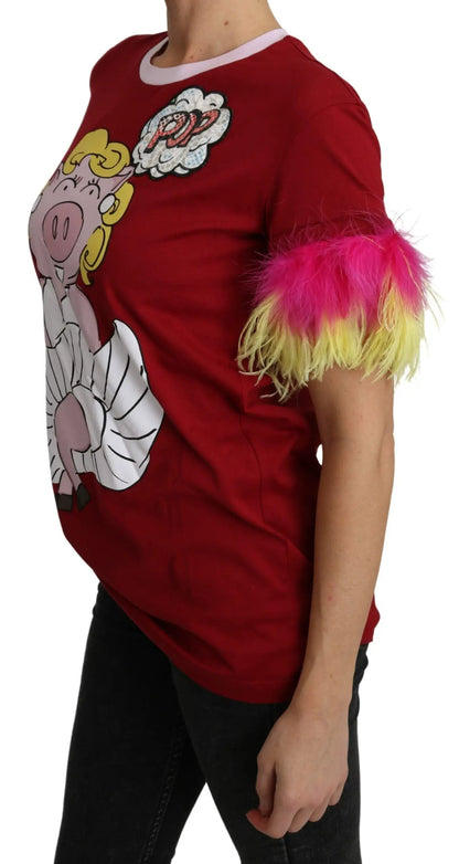 Dolce & Gabbana Red Pig Print Feather Sleeves T-shirt Top by Dolce & Gabbana