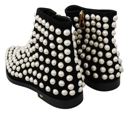 Dolce & Gabbana Black Suede Pearl Studs Boots Shoes