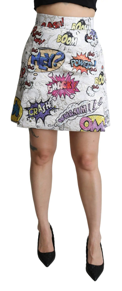 Dolce & Gabbana White Cartoon Brocade A-line High Waist Skirt by Dolce & Gabbana