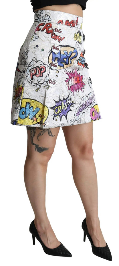 Dolce & Gabbana White Cartoon Brocade A-line High Waist Skirt by Dolce & Gabbana