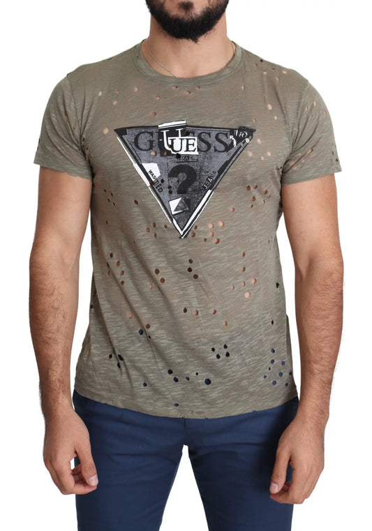 Guess Brown Cotton Stretch Logo Print Men Casual Perforated T-shirt by Guess