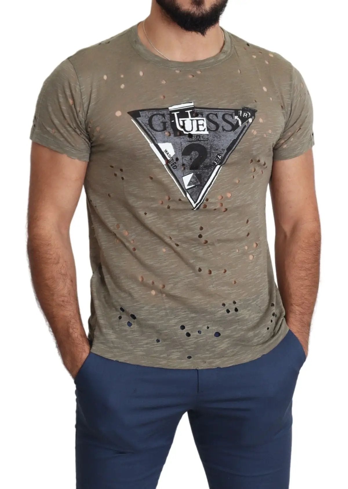 Guess Brown Cotton Stretch Logo Print Men Casual Perforated T-shirt by Guess