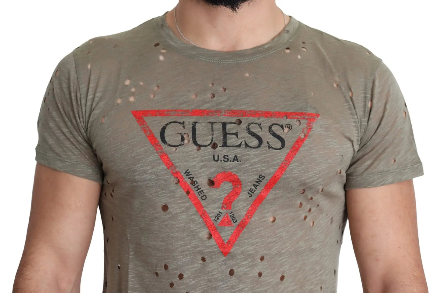 Guess Brown Cotton Stretch Logo Print Men Casual Perforated T-shirt by Guess