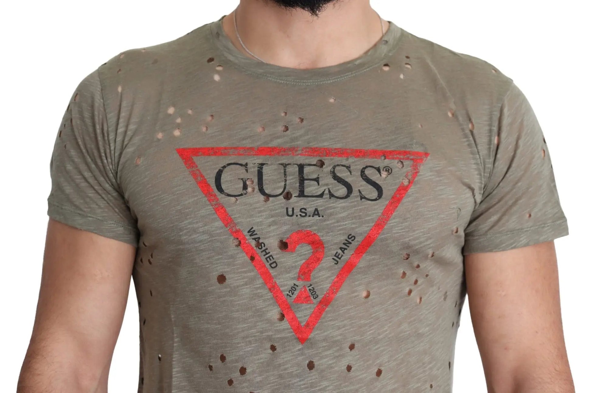 Guess Brown Cotton Stretch Logo Print Men Casual Perforated T-shirt by Guess