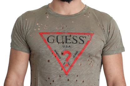 Guess Brown Cotton Stretch Logo Print Men Casual Perforated T-shirt by Guess