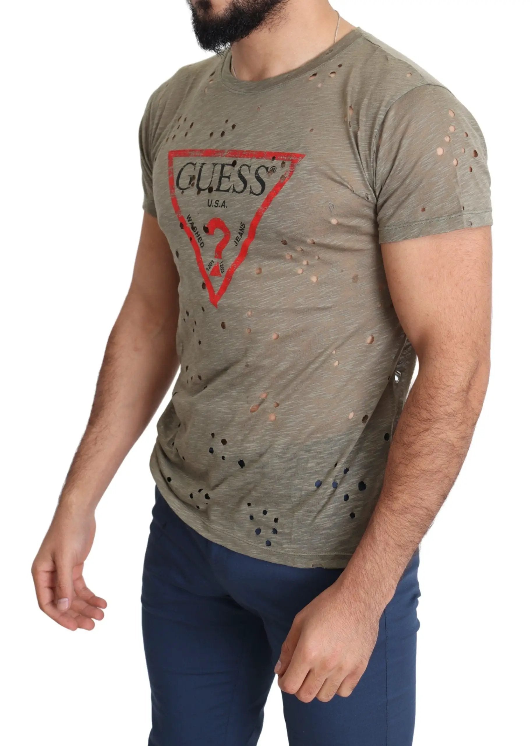Guess Brown Cotton Stretch Logo Print Men Casual Perforated T-shirt by Guess