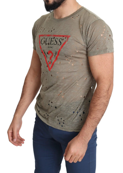 Guess Brown Cotton Stretch Logo Print Men Casual Perforated T-shirt by Guess