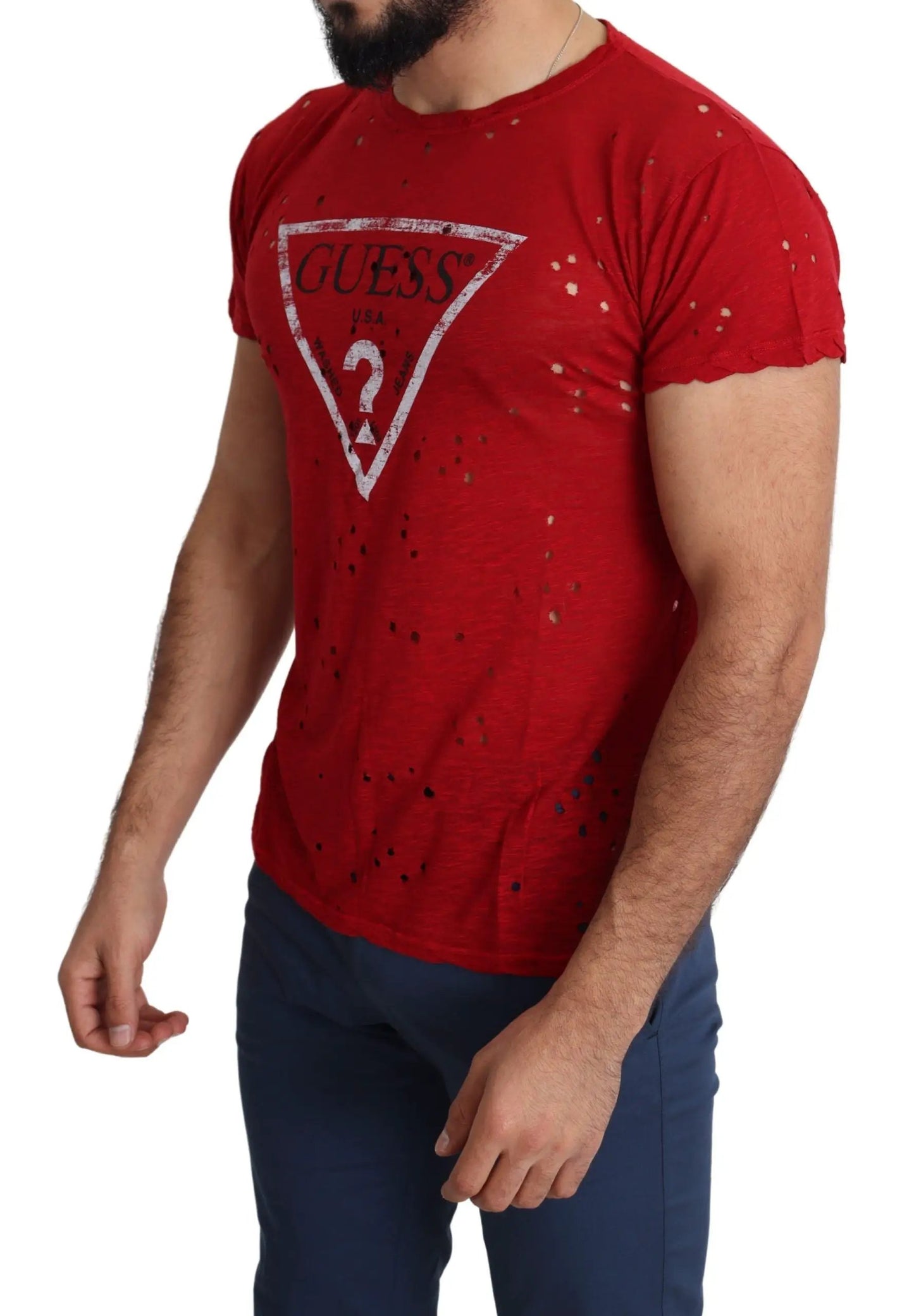 Guess Red Cotton Logo Print Men Casual Top Perforated T-shirt by Guess