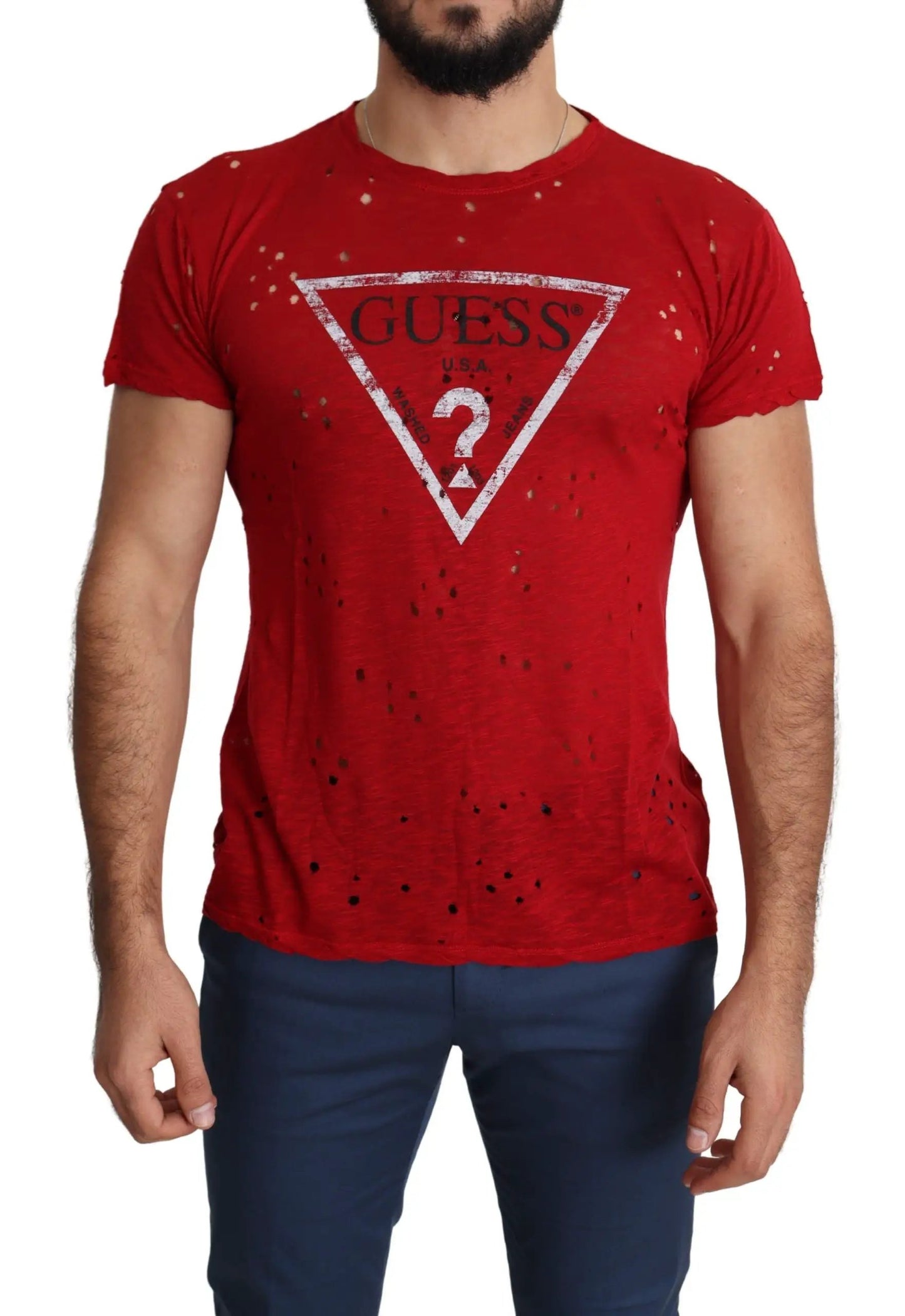 Guess Red Cotton Logo Print Men Casual Top Perforated T-shirt by Guess