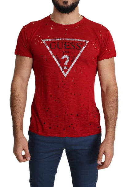 Guess Red Cotton Logo Print Men Casual Top Perforated T-shirt by Guess