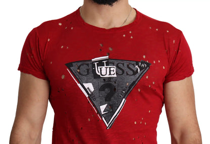 Guess Red Cotton Logo Print Men Casual Top Perforated T-shirt by Guess