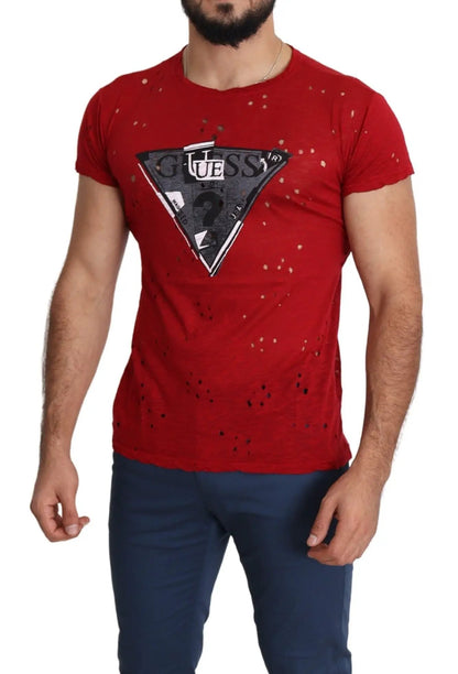 Guess Red Cotton Logo Print Men Casual Top Perforated T-shirt by Guess
