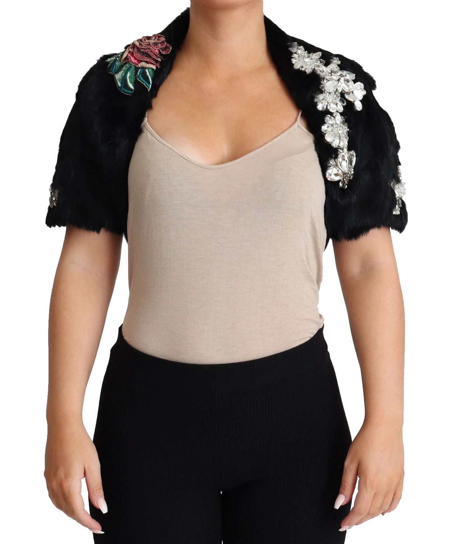 Dolce & Gabbana Black Rabbit Fur Crystals Sequin Coat by Dolce & Gabbana