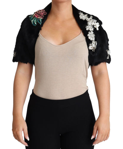 Dolce & Gabbana Black Rabbit Fur Crystals Sequin Coat by Dolce & Gabbana