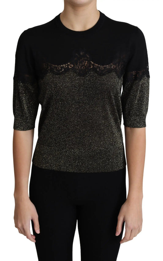 Dolce & Gabbana Black Shiny Lurex Lace Insert Pullover Top by Dolce & Gabbana