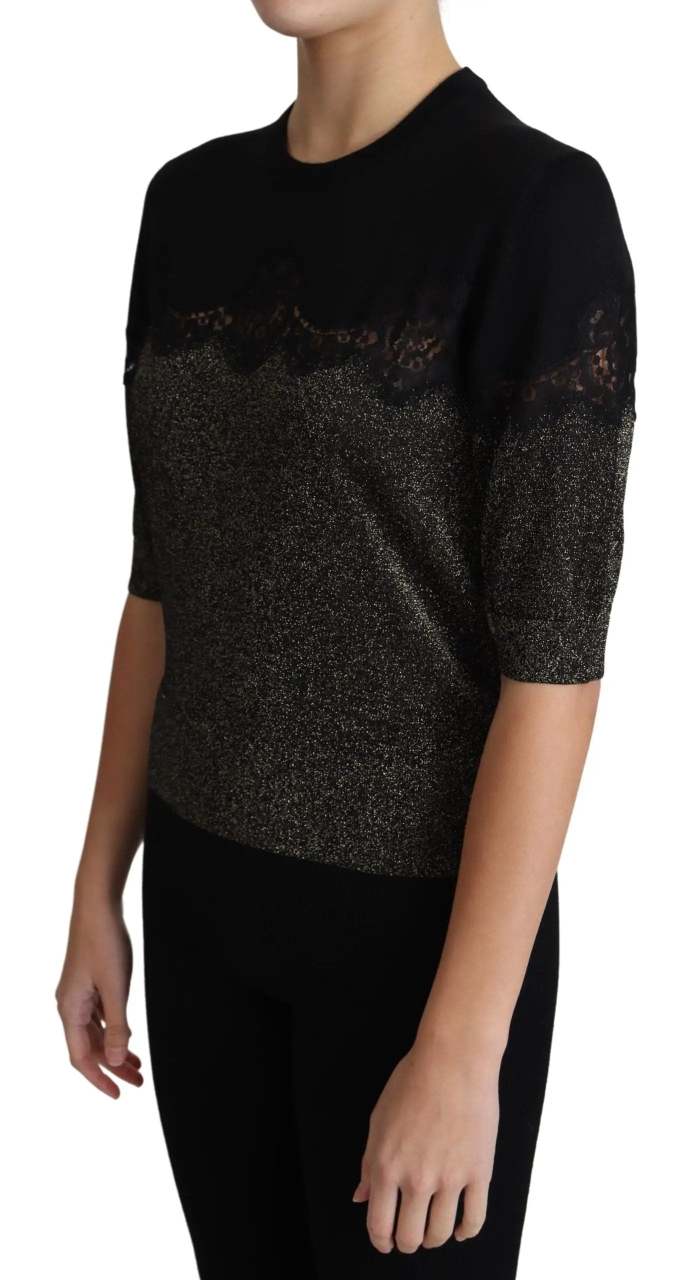 Dolce & Gabbana Black Shiny Lurex Lace Insert Pullover Top by Dolce & Gabbana
