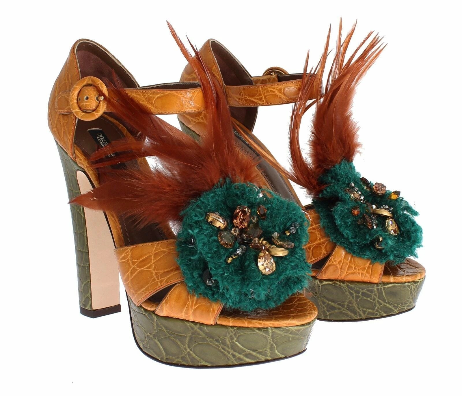 Dolce & Gabbana Orange Leather Crystal Platform Sandal Shoes by Dolce & Gabbana