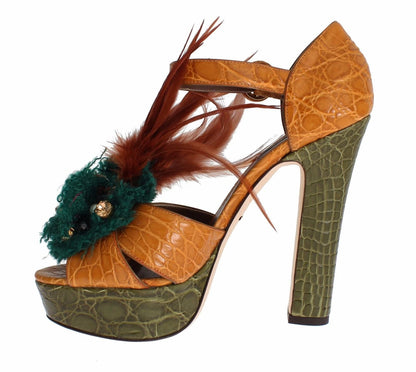 Dolce & Gabbana Orange Leather Crystal Platform Sandal Shoes by Dolce & Gabbana