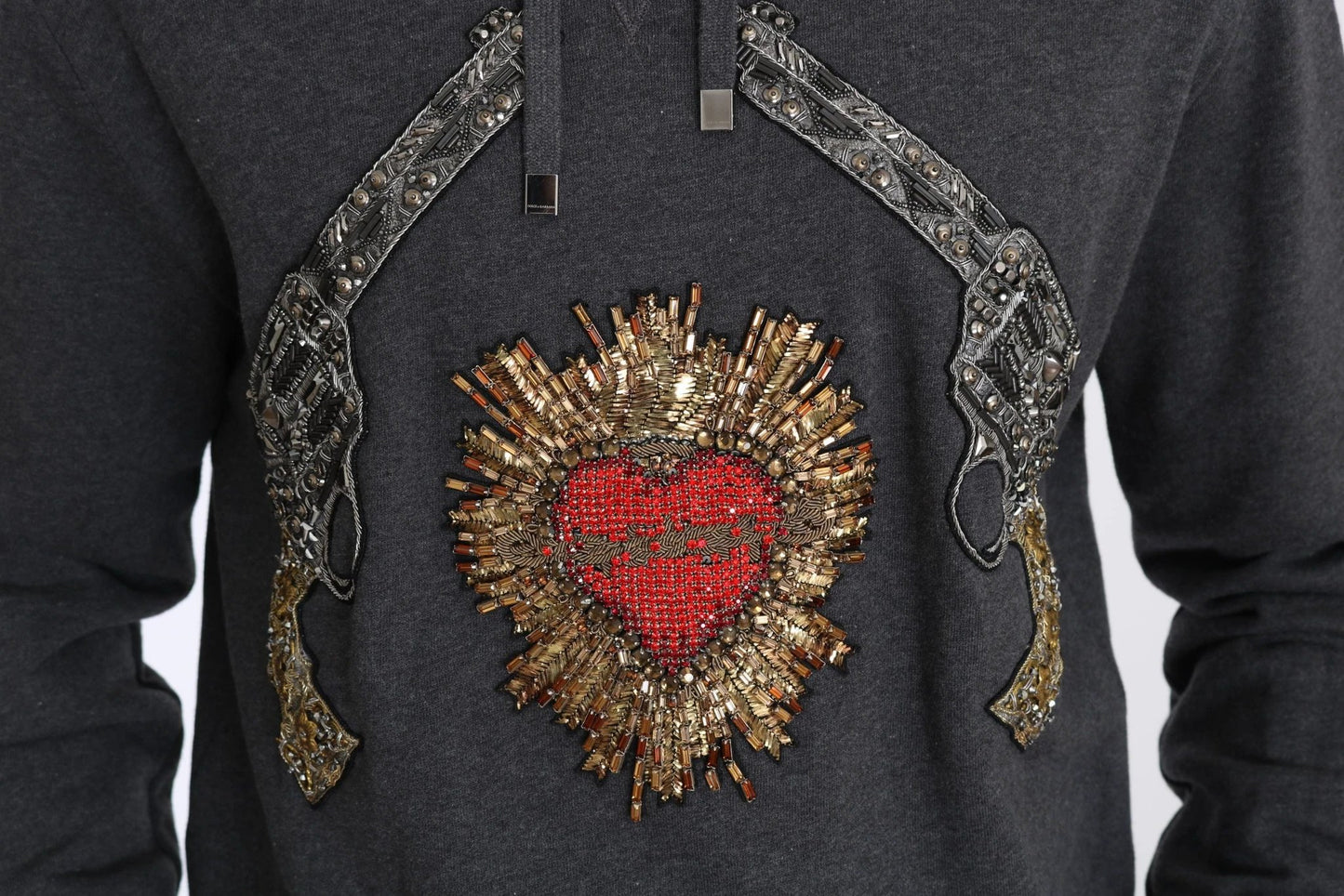 Dolce & Gabbana Gray Hooded Red Crystal Heart Gun Sweater