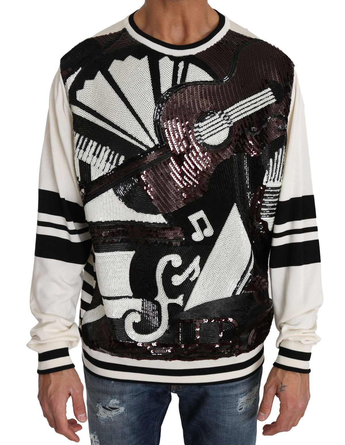 Pull Dolce & Gabbana homme New York Jazz à sequins en soie blanc – TSH2521