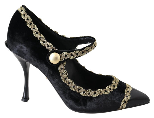 Dolce & Gabbana Black Velvet Gold Mary Janes Pumps by Dolce & Gabbana
