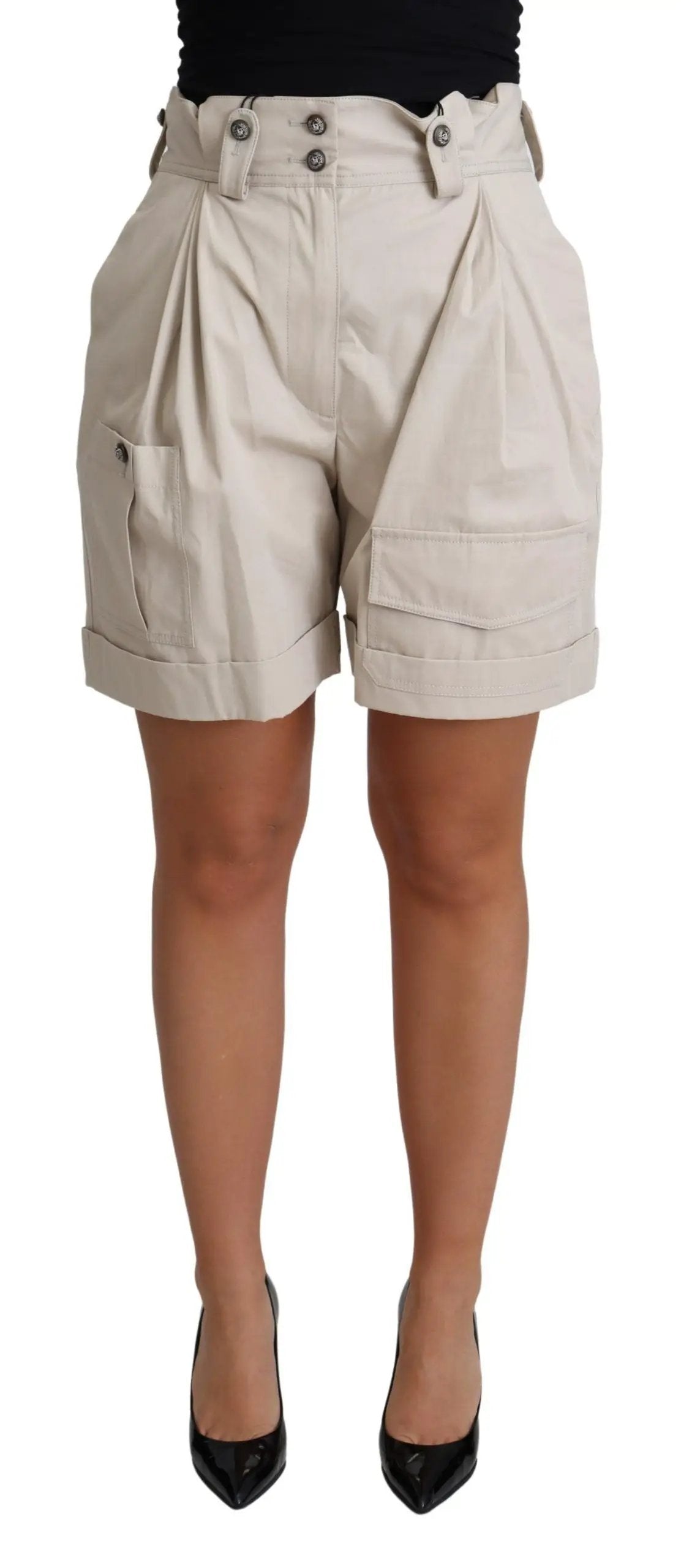 Dolce & Gabbana Beige Cotton Pleated High Waist Casual Shorts by Dolce & Gabbana
