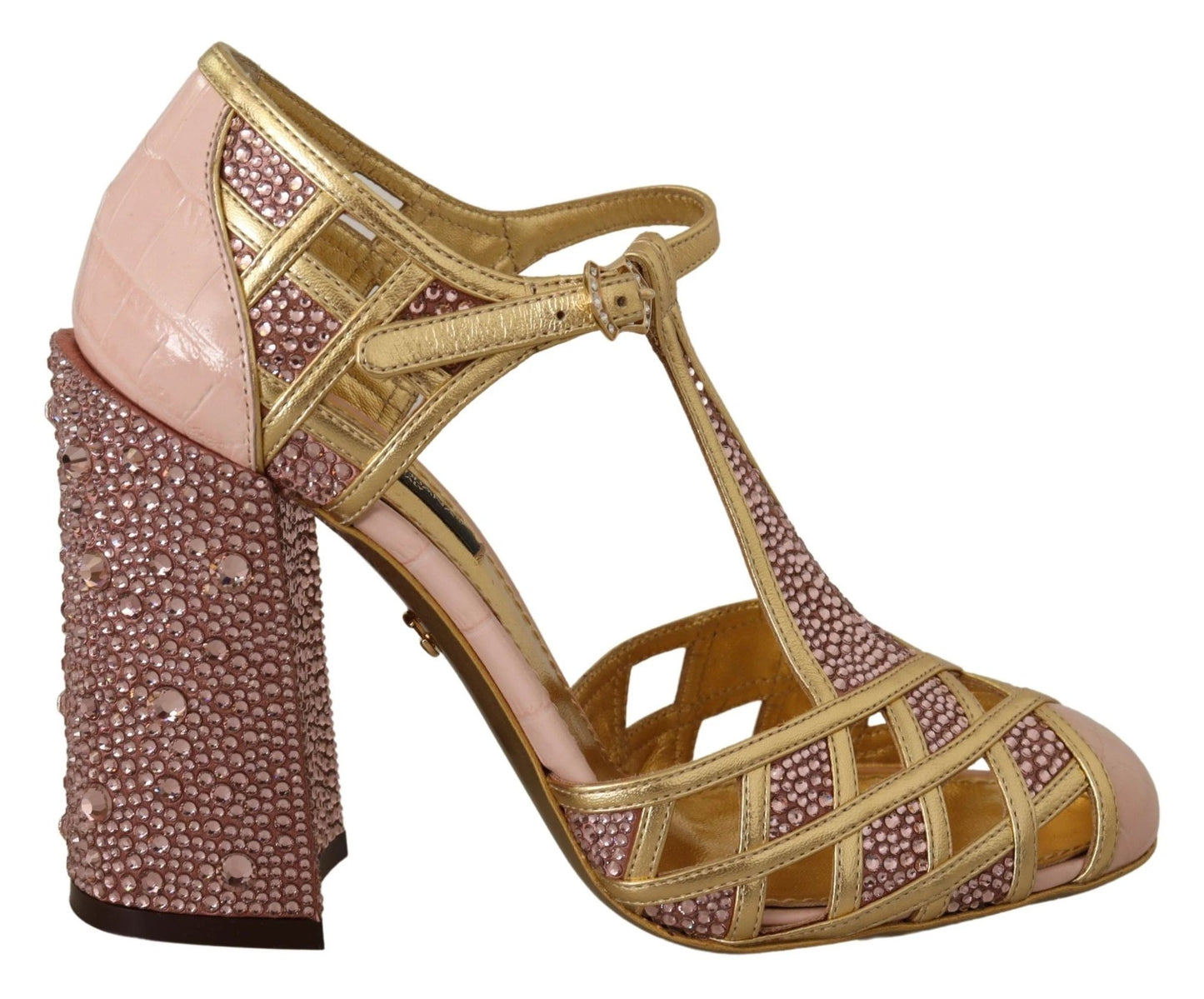 Dolce & Gabbana Pink Gold Leather Crystal Pumps T-strap Shoes by Dolce & Gabbana