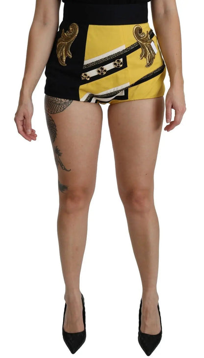 Dolce & Gabbana Yellow Black Cotton Jewelled Hot Pants Shorts by Dolce & Gabbana