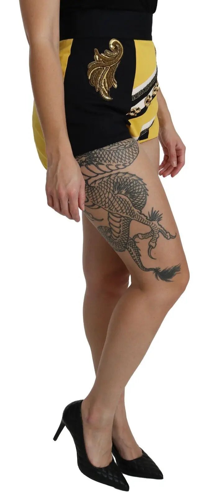 Dolce & Gabbana Yellow Black Cotton Jewelled Hot Pants Shorts by Dolce & Gabbana