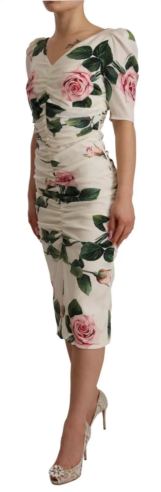 Dolce & Gabbana White Roses Print Stretch Silk Pleated Dress by Dolce & Gabbana