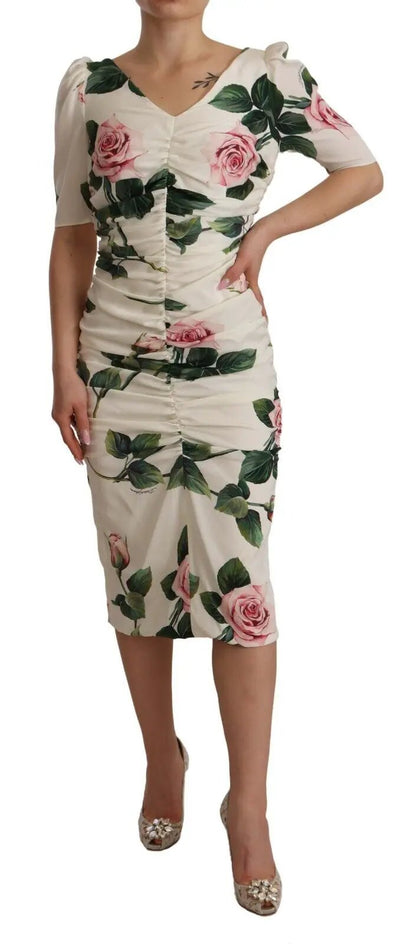 Dolce & Gabbana White Roses Print Stretch Silk Pleated Dress by Dolce & Gabbana