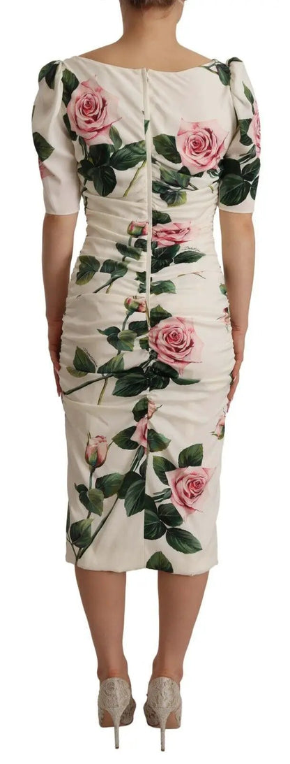 Dolce & Gabbana White Roses Print Stretch Silk Pleated Dress by Dolce & Gabbana