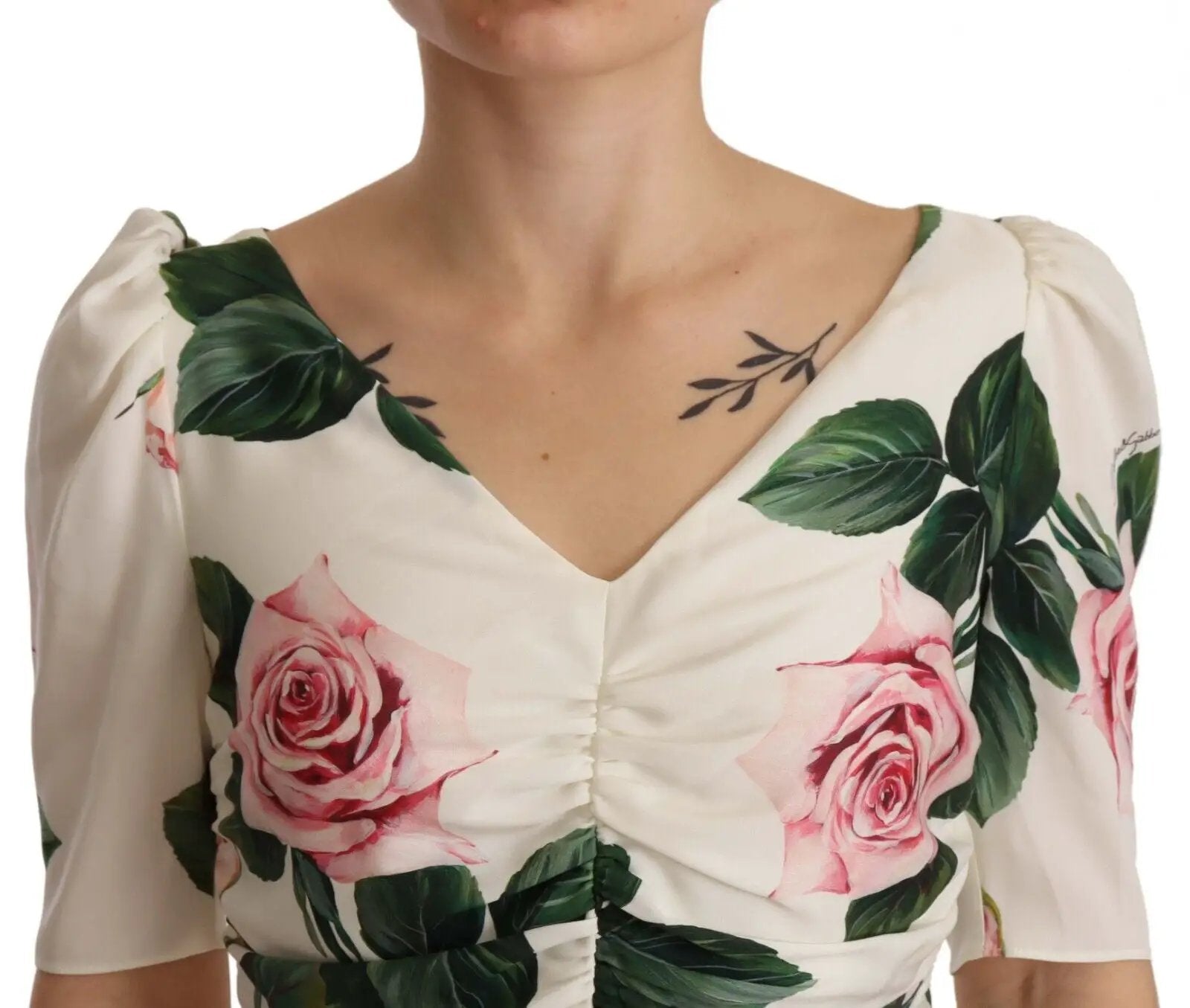 Dolce & Gabbana White Roses Print Stretch Silk Pleated Dress by Dolce & Gabbana