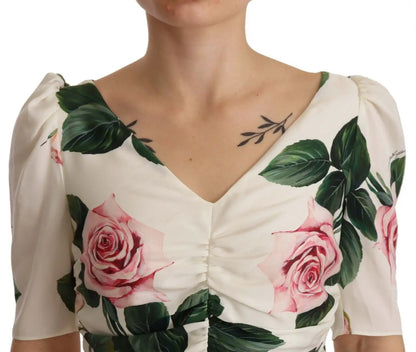 Dolce & Gabbana White Roses Print Stretch Silk Pleated Dress by Dolce & Gabbana